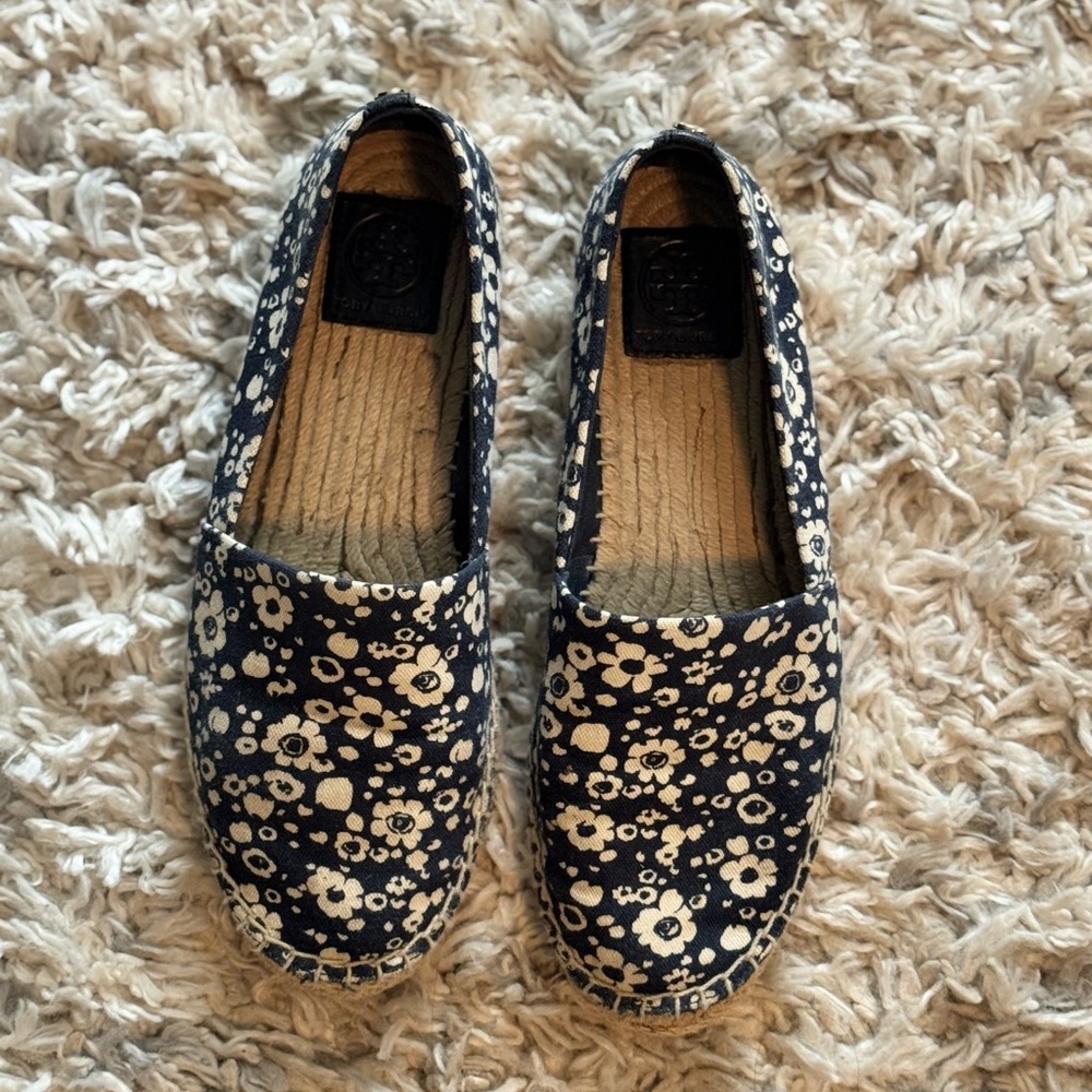 Tory Burch Navy Canvas Floral Slip-On Espadrilles